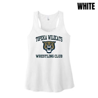 Topeka Wildcats Wrestling Club arched logo white women's racerback tank with Wildcats mascot graphic