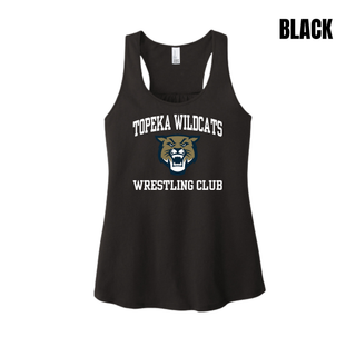 Topeka Wildcats Wrestling Club arched logo black women's racerback tank with Wildcats mascot graphic