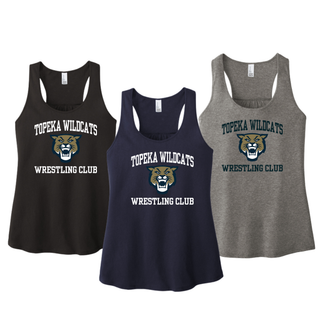 Topeka Wildcats Wrestling Club arched logo women's racerback tanks in black, navy, and grey