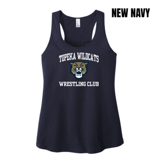 Topeka Wildcats Wrestling Club arched logo new navy women's racerback tank with Wildcats mascot graphic