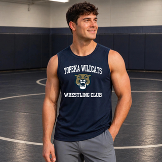 Topeka Wildcats Wrestling Club arched logo navy men's PosiCharge Competitor tank worn on model with Wildcats mascot graphic