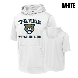 Topeka Wildcats Wrestling Club arched logo short sleeve hooded pullover in White with Wildcats mascot graphic