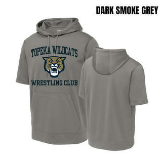 Topeka Wildcats Wrestling Club arched logo short sleeve hooded pullover in Dark Smoke Grey with Wildcats mascot graphic