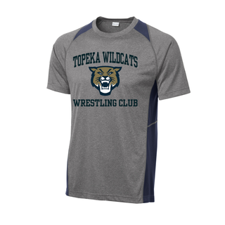 Topeka Wildcats Wrestling Club arched logo colorblock contender tee, grey heather body with Navy accent panels, alternate angle