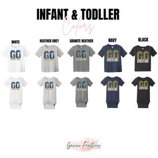 Infant and toddler GO Wildcats tees and bodysuits in white, heather grey, granite heather, navy, and black