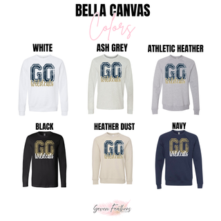 Bella+Canvas GO Wildcats crewneck sweatshirts and long sleeve shirts in white, ash grey, athletic heather, black, heather dust, and navy