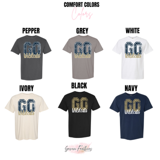 Comfort Colors GO Wildcats t-shirts in pepper, grey, white, ivory, black, and navy