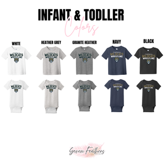 Infant and toddler tee and bodysuit color options for Topeka Wildcats Wrestling tri-line logo design in white, heather grey, granite heather, navy, and black