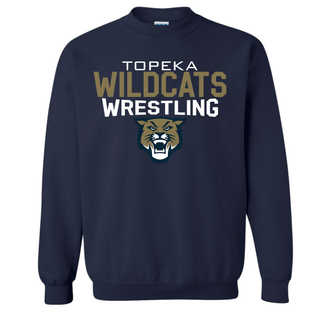 Navy crewneck sweatshirt with Topeka Wildcats Wrestling tri-line logo design and mascot graphic