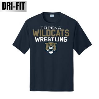 Navy Dri-Fit tee with Topeka Wildcats Wrestling tri-line logo design and mascot graphic