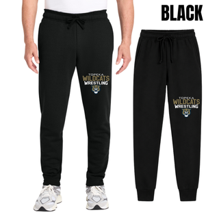 Black core fleece joggers with Topeka Wildcats Wrestling tri-line logo design on left leg