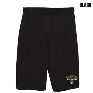 Black cooling performance shorts with Topeka Wildcats Wrestling tri-line logo design on left leg