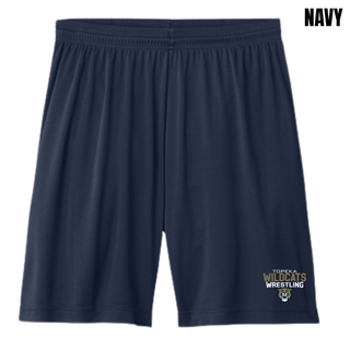 Navy cooling performance shorts with Topeka Wildcats Wrestling tri-line logo design on left leg
