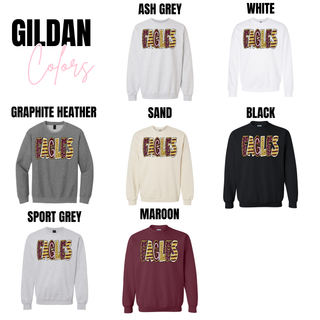 Gildan Eagles graphic sweatshirts shown in ash grey, white, graphite heather, sand, black, sport grey, and maroon color options for Silver Lake Eagles spirit wear
