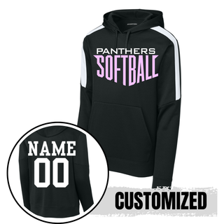 Royal Valley Panthers softball black performance hoodie featuring Panthers Softball graphic with customizable name and number on back