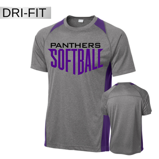 Royal Valley Panthers softball Power Stack Contender Dri Fit top in grey with purple accents featuring bold Panthers Softball graphic on the front