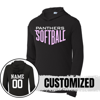 Royal Valley Panthers softball black competitor hooded performance pullover featuring Power Stack Panthers Softball graphic with optional name and number on back