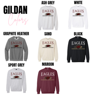 Silver Lake Eagles top with eagle head logo and stripe graphic shown on Bella Canvas long sleeve and crewneck styles in ash grey, heather dust, white, black, athletic heather, and maroon color options.
