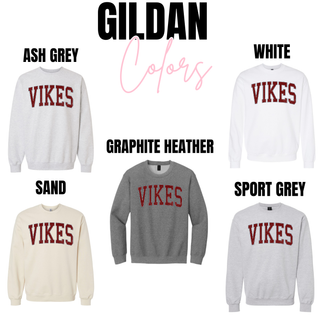 Gildan crewneck sweatshirt color options: Distressed Seaman Vikes Top Gildan crewneck sweatshirts including Ash Grey, White, Graphite Heather, Sand, and Sport Grey