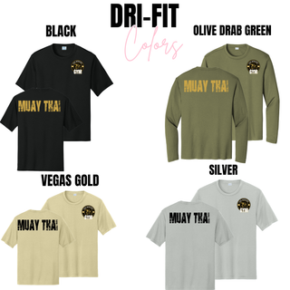 Iron Warriors Gym Muay Thai performance training tee and long sleeve shirt in black, olive drab green, vegas gold and silver