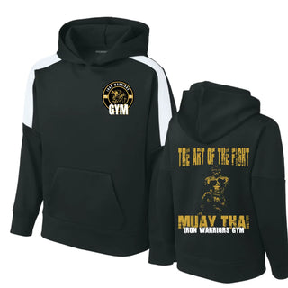 Iron Warriors Gym black performance hoodie with front lion logo and back Muay Thai The Art of the Fight graphic in gold, featuring kangaroo pocket and contrast shoulder panels.