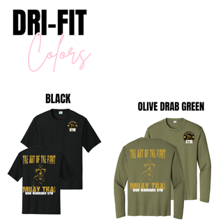 Iron Warriors Gym Muay Thai performance tee and long sleeve shirt with The Art of the Fight graphic in black and olive drab green