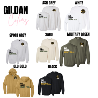 Gildan Muay Thai apparel collection in Ash Grey White Sport Grey Sand Military Green Old Gold and Black featuring Eat Sleep Muay Thai back print with Iron Warriors Gym chest logo available in tee long sleeve crewneck and hoodie
