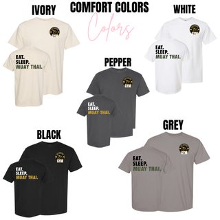 Comfort Colors Muay Thai apparel collection in Ivory Pepper White Grey and Black featuring Eat Sleep Muay Thai back print with Iron Warriors Gym chest logo available in tee long sleeve crewneck and hoodie
