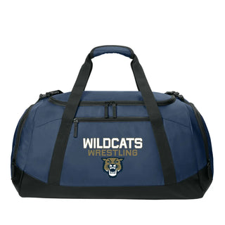 Navy Wildcats Wrestling duffel bag with black straps and multiple zip compartments, perfect for athletes, wrestling team members, and sports fans. Durable, made to order, and ideal for carrying gear to practice, matches, or travel. Features the Wildcats mascot logo and bold “Wrestling” lettering.