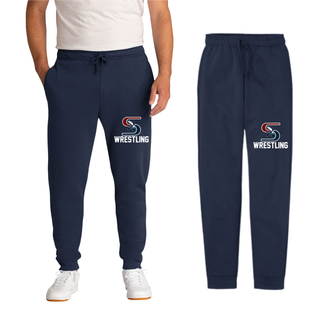 Seaman Vikings Wrestling navy core fleece joggers featuring S logo and Wrestling text printed on upper leg