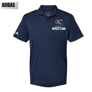 Seaman Vikings Wrestling Adidas men’s performance polo in navy featuring Vikings S logo and Wrestling text on left chest with Adidas logo on right sleeve