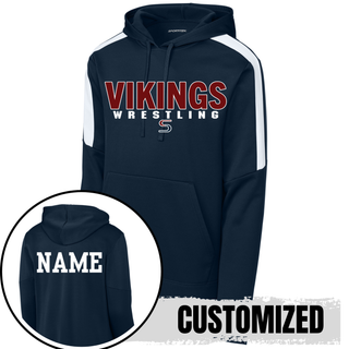 Seaman Vikings Wrestling navy pullover hoodie with customizable name on back, white shoulder stripes, front pouch pocket