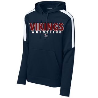 Navy hoodie with white shoulder stripes featuring VIKINGS in large red letters, WRESTLING in smaller white letters beneath, and a small stylized S logo centered under the word WRESTLING