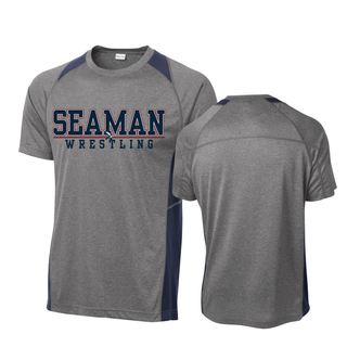 Front view of the Seaman Vikings Wrestling Colorblock Contender Tee (Vintage Heather/ True Navy) V3 showing a vintage heather gray body with true navy side panels and sleeves. The front displays “Seaman Wrestling” text in navy and red with a small graphic above, photographed flat on a white background to show the overall design and shape of the tee.