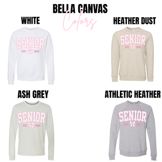 BELLA CANVAS Colors graphic showing SENIOR EST. bow 2026 print on crewneck sweatshirts in White, Heather Dust, Ash Grey and Athletic Heather