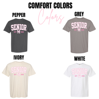 COMFORT COLORS Colors graphic showing SENIOR EST. bow 2026 print on short sleeve tees in Pepper, Grey, Ivory and White
