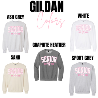 GILDAN Colors graphic showing SENIOR EST. bow 2026 print on crewneck sweatshirts in Ash Grey, White, Sand, Graphite Heather and Sport Grey