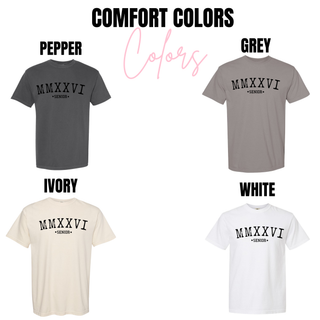 COMFORT COLORS Colors graphic showing MMXXVI SENIOR black print on short sleeve tees in Pepper, Grey, Ivory and White