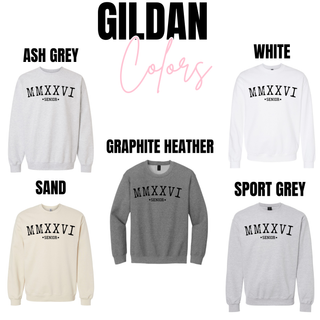 GILDAN Colors graphic showing MMXXVI SENIOR black print on crewneck sweatshirts in Ash Grey, White, Graphite Heather, Sand and Sport Grey