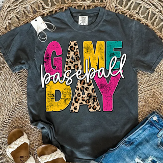 (Dark Comfort Colors flat lay – Game Day Baseball with leopard + bright letters)