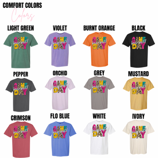 Comfort Colors Game Day baseball graphic shown in light green, violet, burnt orange, black, pepper, orchid, grey, mustard, crimson, flo blue, white and ivory options.