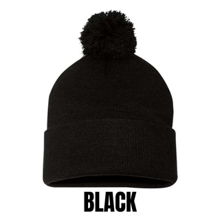 Panther Script Leather Patch Pom Beanie