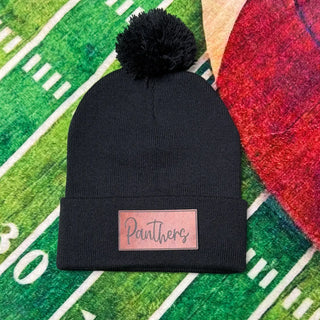 Panther Script Leather Patch Pom Beanie