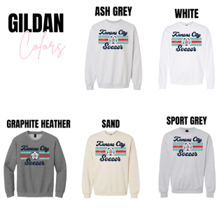Kansas City Soccer graphic top shown in Gildan ash grey, white, graphite heather, sand, and sport grey options