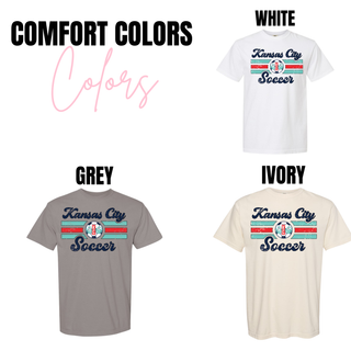 Kansas City Soccer graphic top shown in Comfort Colors white, grey, and ivory options