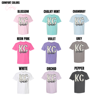 Comfort Colors KC Football shirt available in Blossom, Chalky Mint, Chambray, Neon Pink, Violet, Grey, White, Orchid, and Pepper.
