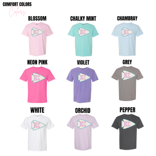 Comfort Colors KC pastel Easter arrow graphic tee shown in Blossom, Chalky Mint, Chambray, Neon Pink, Violet, Grey, White, Orchid, and Pepper color options.