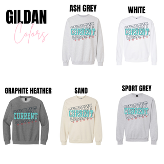 Gildan crewneck sweatshirt in ash grey featuring Current Current Soccer graphic in teal and red on front.