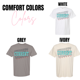 Comfort Colors tee in grey featuring Current Current Soccer graphic in teal and red on front.