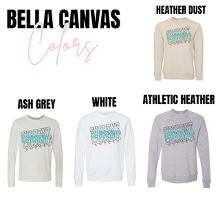 Bella Canvas crewneck sweatshirt in heather dust featuring Current Current Soccer graphic in teal and red on front.